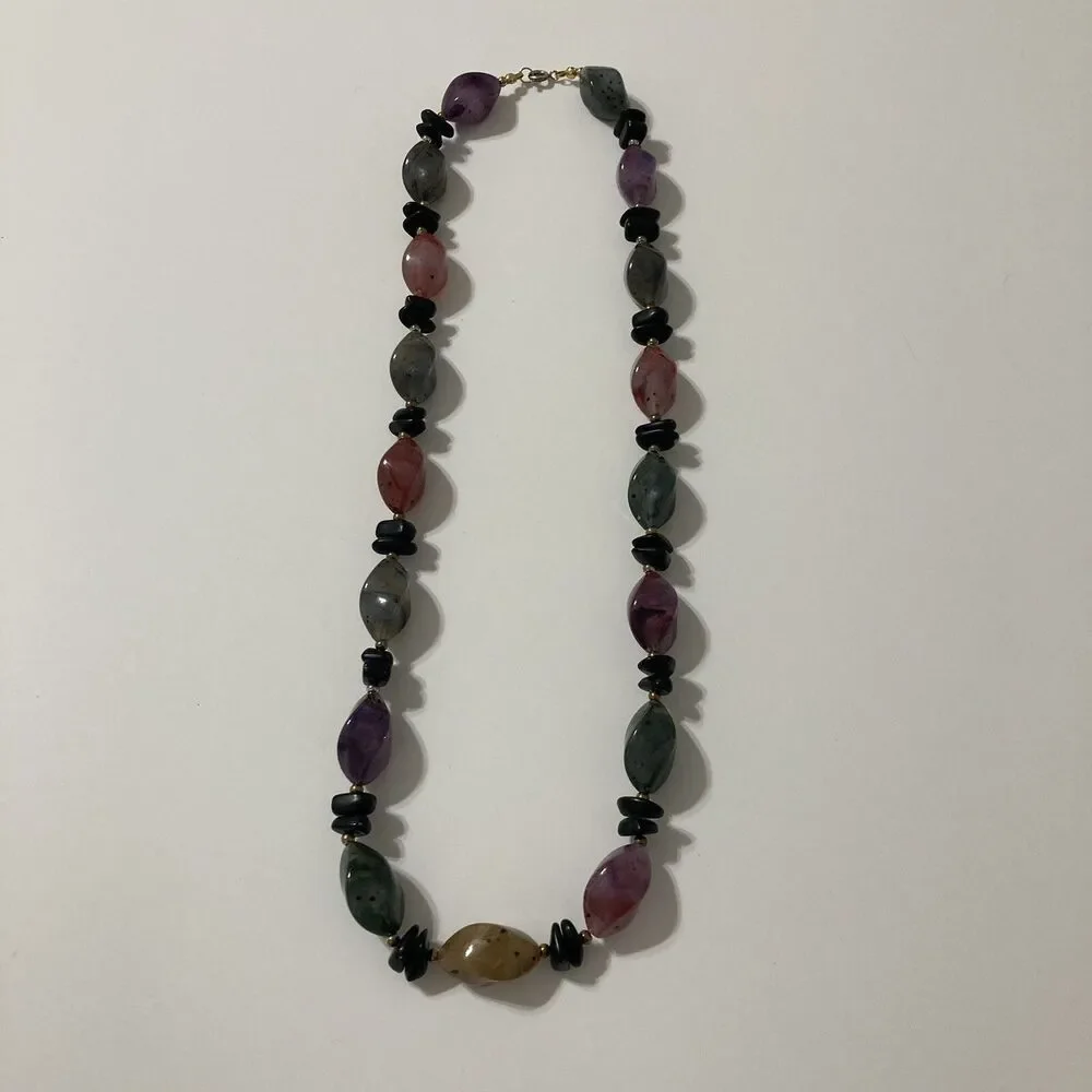 Vintage 25” Faux Stones Earthy Browns Purple Black Gold Tone Beaded Necklace